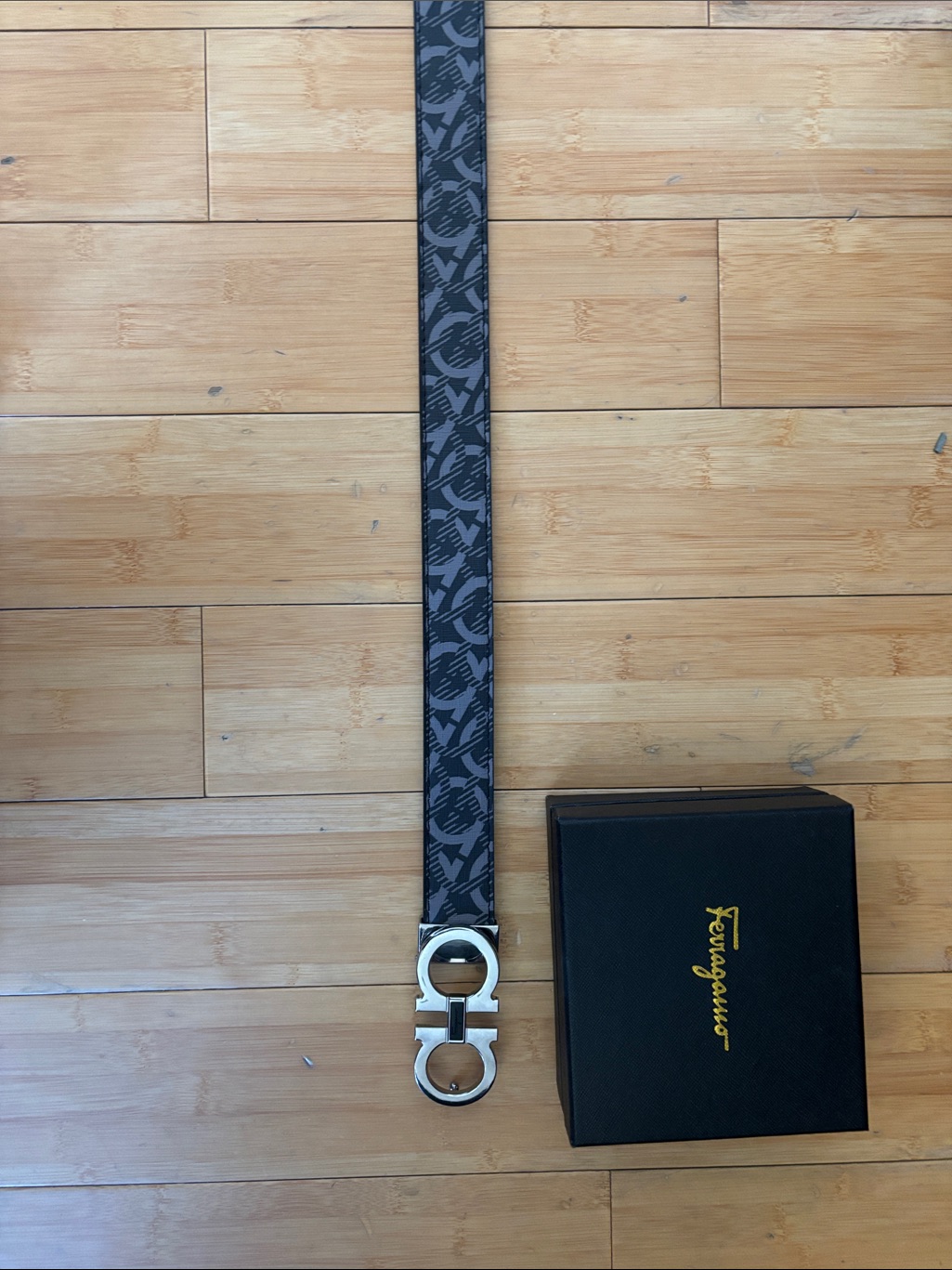 Ferragamo Black & Gray Silver Logo Strap Belt